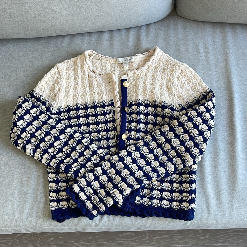 NWOT J.Crew textured crochet lady jacket, size XS, navy and white